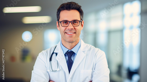 Smiling male doctor standing in hospital - ai generative