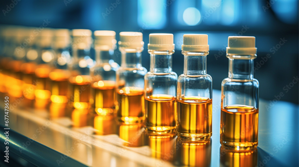 Medical glass vials placed on a laboratory table - ai generative Medical glass vials placed on a laboratory table - ai generative