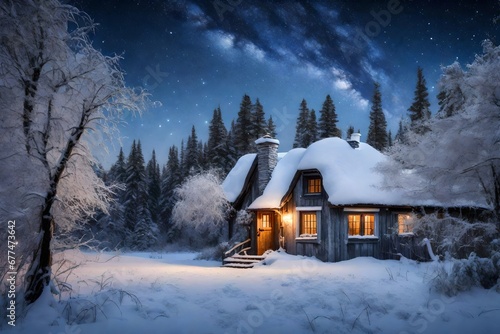 A snow-covered cottage nestled among frosted trees under a starry sky. © MISHAL