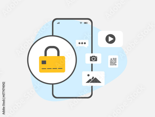 Monetize content with Paywall concept. Subscribers pay fee for exclusive access to premium, members-only content. Paid content vector illustration isolated on white background with icons photo