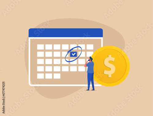 Subscription Payment, renewal fee payment program. Monthly subscription fee concept with calendar and gold coins. Recurring subscription payment vector illustration isolated on background with icons