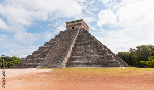 Famous El Castillo pyramid with shadow of serpent at Maya archaeological site of Chichen Itza in Yucatan  Mexico