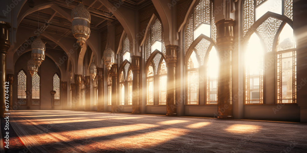 Mosque scene with bright sunlight pouring in from the windows