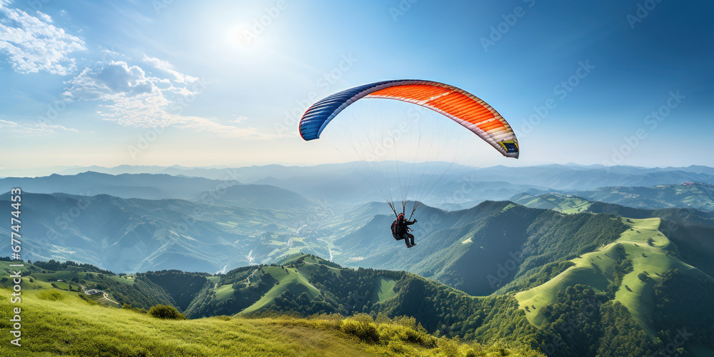 Man flying a paraglider over green pastures in a mountainous area - obrazy, fototapety, plakaty 