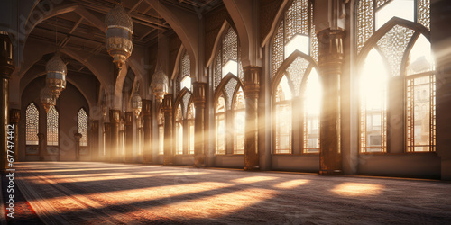 Mosque scene with bright sunlight pouring in from the windows
