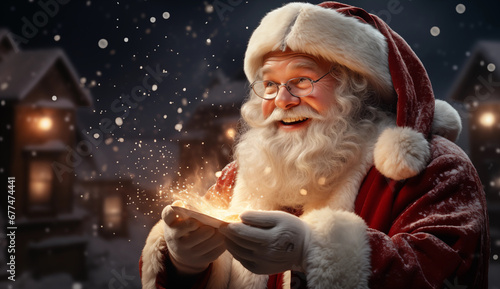 Santa Claus with magic gift in his hands. Portrait of happy Santa Claus making magic at night, Blowing Magic Christmas Stars on snow background. concept Christmas Choose winter season sales..