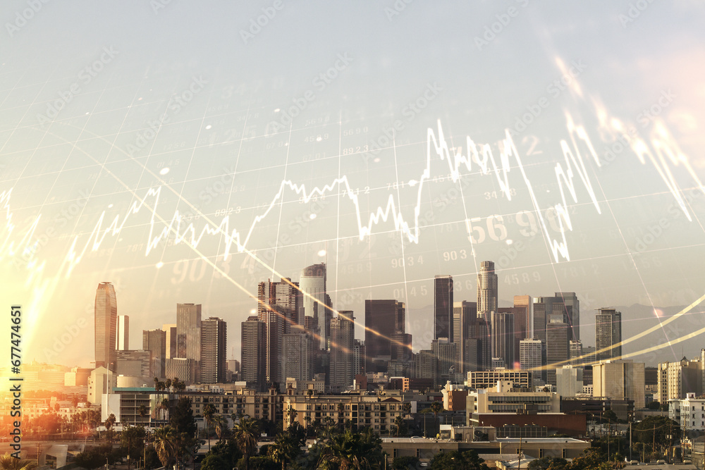 Multi exposure of virtual abstract financial graph interface on Los Angeles cityscape background, financial and trading concept