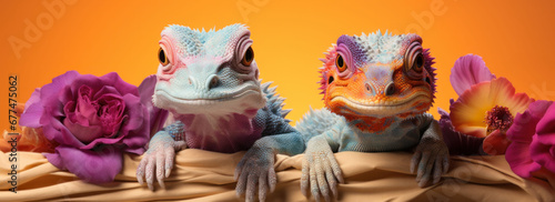 Two iguanas with contrasting colors against a warm background, symbolizing nature's vibrant palette