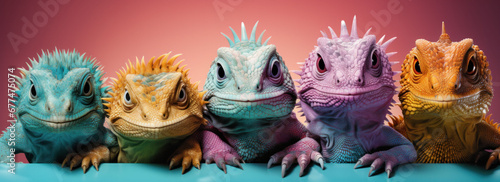 A row of vibrant iguanas against a colorful backdrop, perfect for themes on biodiversity and exotic pets