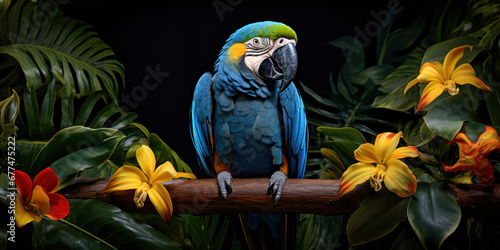 The blue parrot sits regally on its branch, a splash of color against the tapestry of green leaves