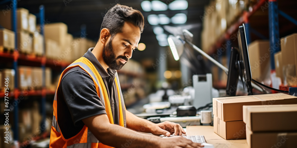 Fototapeta premium Logistics Professional: Male Worker at Warehouse Computer