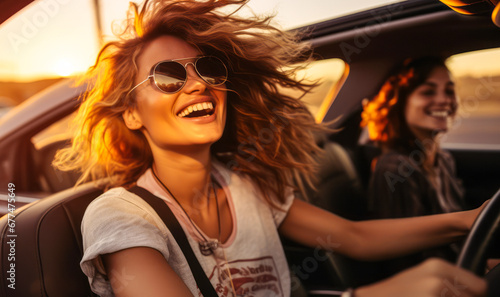 Two Young Women Reveling in Sunset Road Trip Fun photo