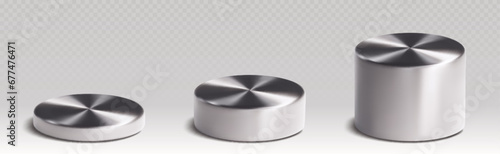 Silver 3D cylinders set isolated on transparent background. Vector realistic illustration of stainless steel podiums, low and tall product exhibition stage with glossy metal surface, button mockup