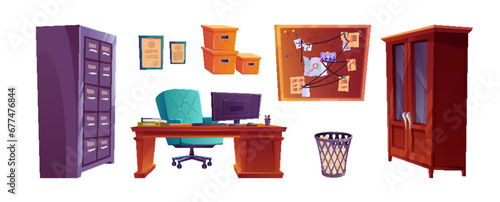 Retro detective office furniture set isolated on white background. Vector cartoon illustration of police room elements, computer on wooden desk, drawer and bookcase for documents, evidence board