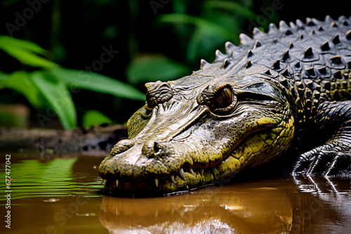 Crocodile crawls along river bank into muddy water in its natural habitat outdoor © Bonsales