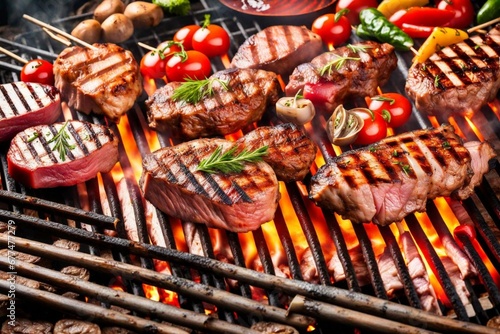 : Grilled Meat and Fresh Vegetables over Flames
