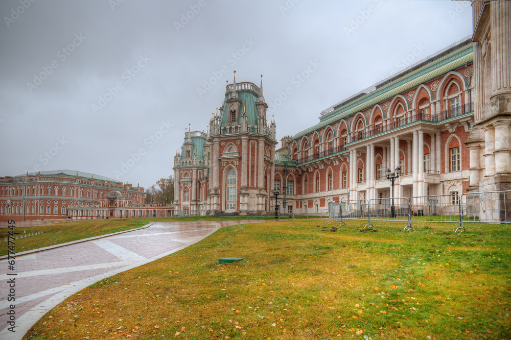 Russia. Moscow. Tsaritsyno. Palace and park ensemble of Tsaritsino in cloudy weather. An architectural monument of the 18th century.