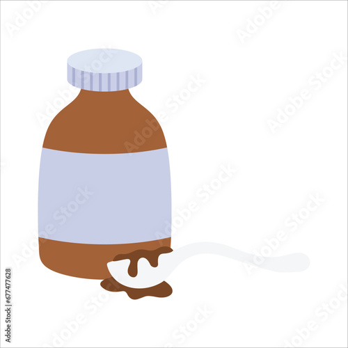 vector cute medicated syrup, cough syrup / brown color bottle with liquid, amber glass, measuring cup / poured into a spoon / cartoon, flat style, long shadow design, icon template