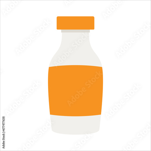 vector cute cold medicine, medicated syrup, cough syrup / brown color bottle with liquid, amber glass, measuring cup / cartoon, flat style, long shadow design, icon template, circle / pink on white