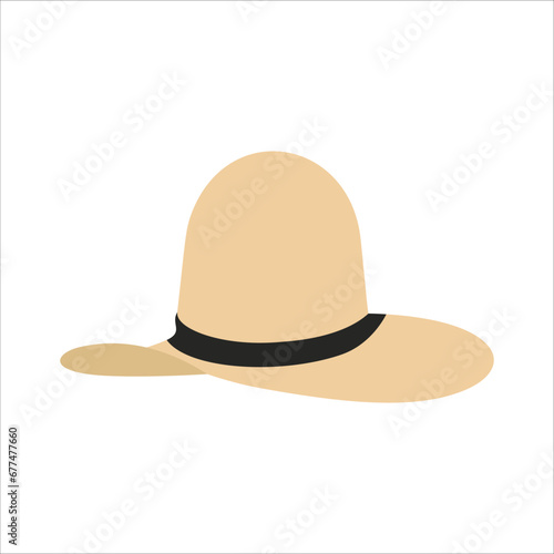 Head accessory element in modern style flat, line style. Hand drawn vector illustration of yellow summer hat, beach hat with wide brim fashion style, cartoon design, patch, badge, emblem.