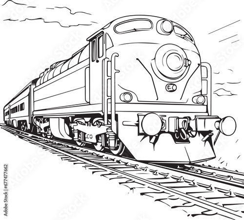 Train on the railway line art coloring page design