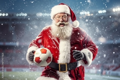 Santa is playing football. Portrait of Santa Claus with a soccer ball in the stadium. It's snowing, it's winter. © Dragan