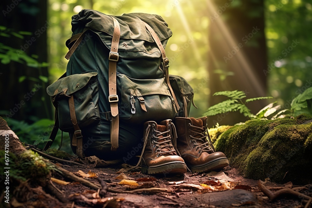 Hiking boots and backpack in the forest. Travel and adventure concept Hiking boots and backpack in the forest. Travel and adventure concept