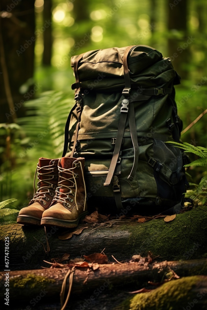 Fototapeta premium Hiking boots and backpack in the forest. Travel and adventure concept