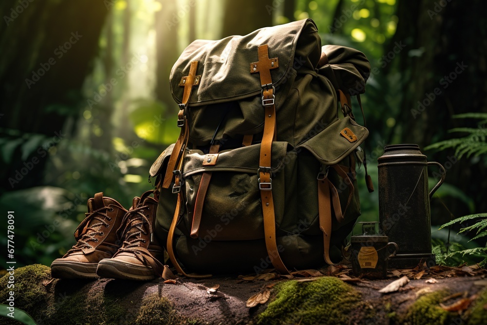 Fototapeta premium Hiking boots and backpack in the forest. Travel and adventure concept