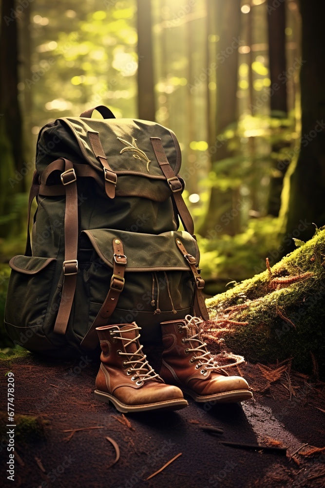 Hiking boots and backpack in the forest. Travel and adventure concept Hiking boots and backpack in the forest. Travel and adventure concept