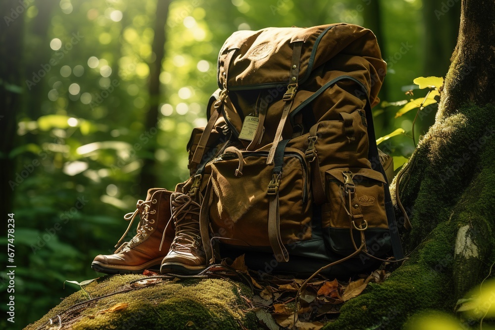 Hiking boots and backpack in the forest. Travel and adventure concept Hiking boots and backpack in the forest. Travel and adventure concept