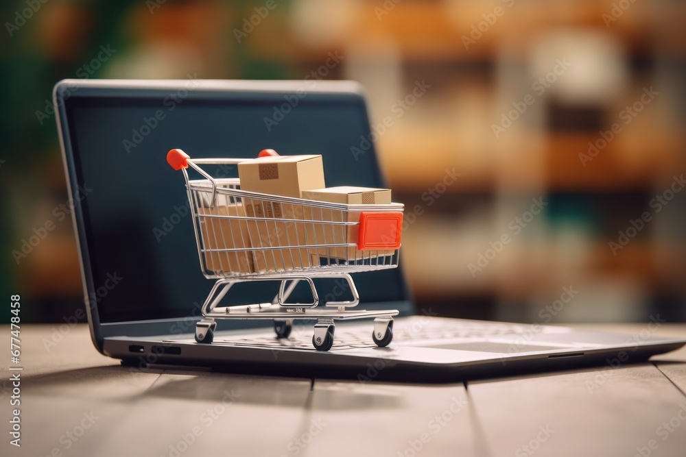 Product packaging box In the shopping cart immediately after the customer places an order on a laptop. Product packaging box In the shopping cart immediately after the customer places an order on a laptop.