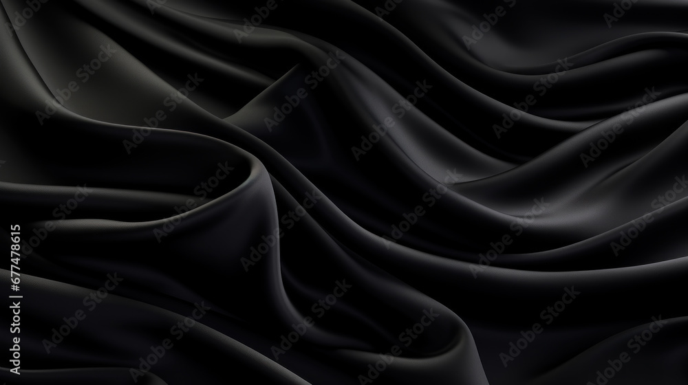 Fototapeta premium Abstract Black silk luxury cloth. Liquid wavy or wavy folds of grunge silk texture satin velvet material. Creases of satin, silk, cloth luxurious background or elegant wallpaper. Generative AI