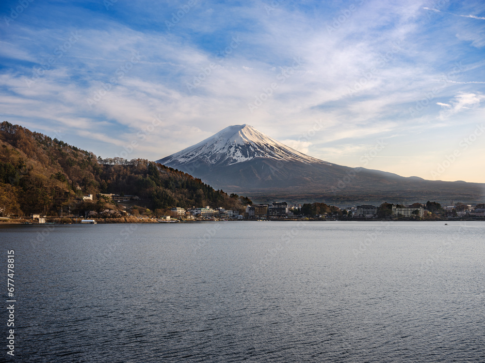 Mount Fuji with snowy peak at sunset without apples