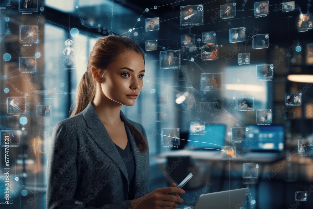 processing data over a woman using a laptop. AI-generated global computing, connectivity, communication, processing data over a woman using a laptop. AI-generated global computing, connectivity, communication,