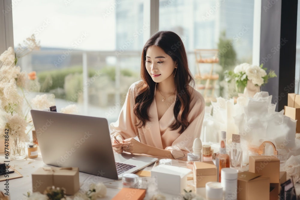 Young Asian business owner works and sells cosmetics online and prepares packaging for customer orders Young Asian business owner works and sells cosmetics online and prepares packaging for customer orders