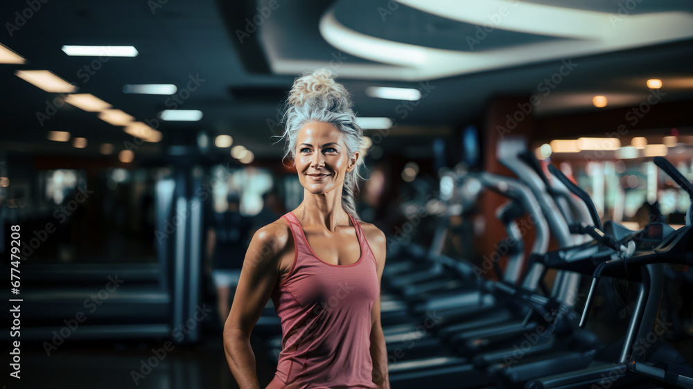 An older, fit woman in sporty sportswear is training in the gym.