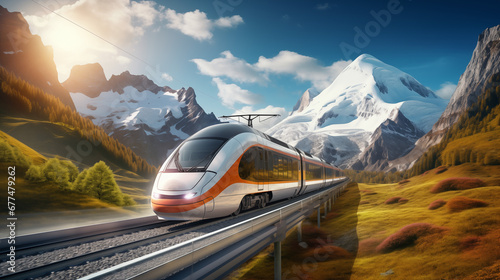 A sleek, high-speed freight train racing through a picturesque landscape, exemplifying efficient transportation logistics.