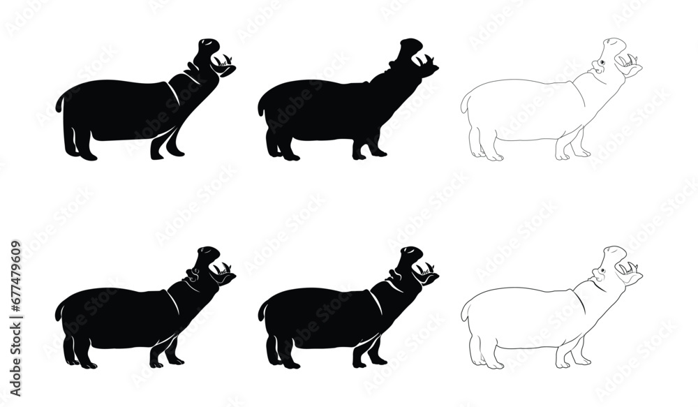 set of black hippo silhouettes, Hippo Vector illustration, Hippopotamus isolated on white background