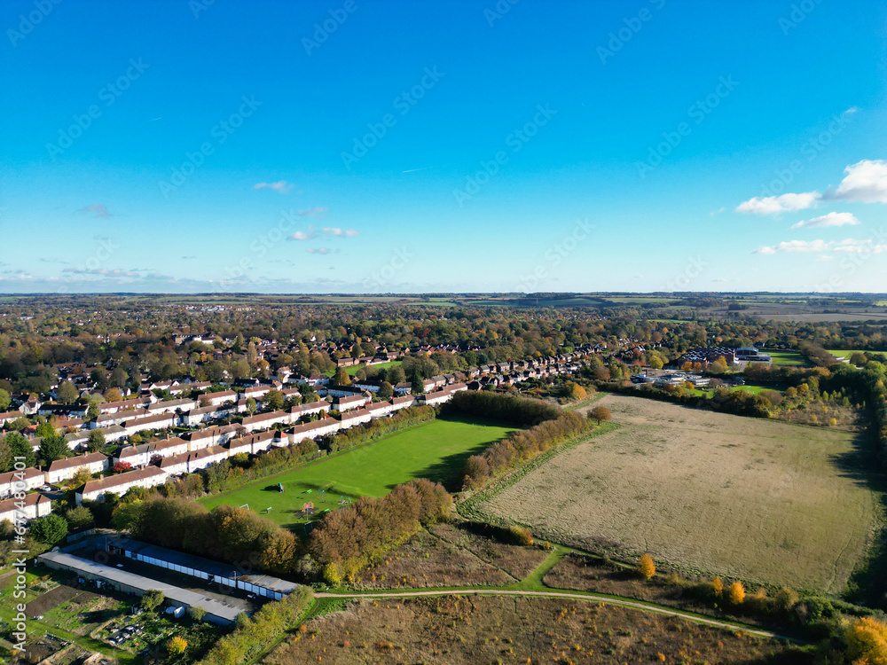 High Angle Footage of Countryside Landscape of Letchworth Garden City of England UK. The Footage Captured with Drone's Camera on November 11th, 2023