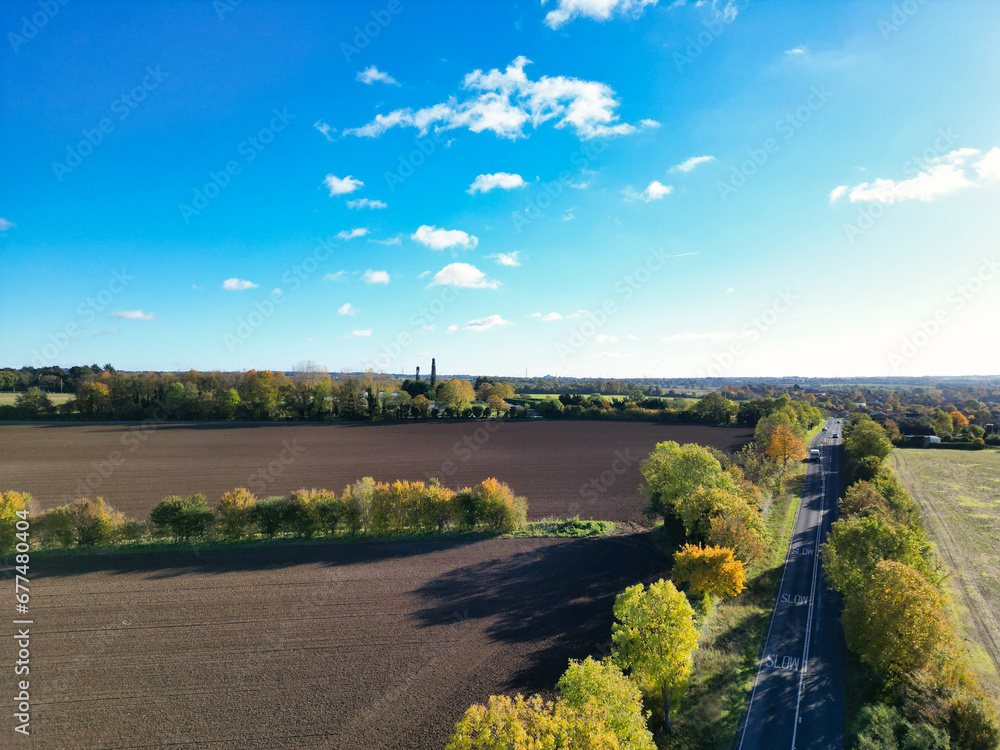 High Angle Footage of Countryside Landscape of Letchworth Garden City of England UK. The Footage Captured with Drone's Camera on November 11th, 2023