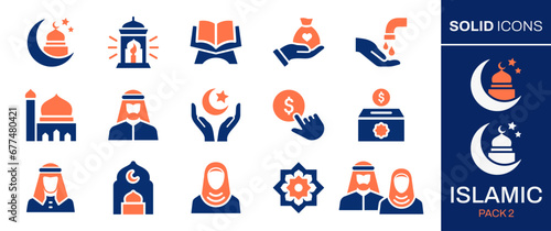 Islamic icon set. Collection of mosque, dome, carpet, man, woman, arabic , family and more. Vector illustration. Easily changes to any color.