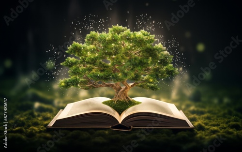 A tree grows from an open book. Open book on green grass.