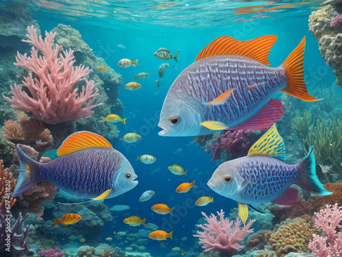 Crystal clear waters reveal a hidden world of colorful fishes, each with their own unique patterns and markings, creating a mesmerizing display of nature's beauty