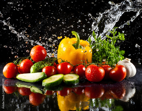 Different fresh vegetables on wooden table