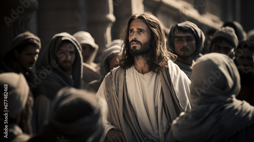 A solemn and powerful portrayal of Jesus emanating wisdom and purpose in a reverent and spiritual atmosphere. photo