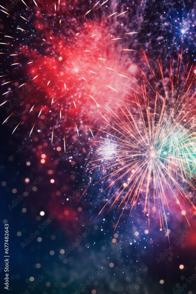 Fototapeta premium Fireworks with bokeh backdrop for New Year's night, exhibiting explosive abstracts.