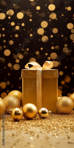 Gold Christmas balls and a gift box. © Duka Mer