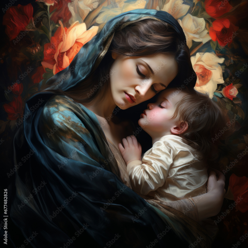 The mother and child wallpaper in the style of art painting, reimagined religious art. The mother and child wallpaper in the style of art painting, reimagined religious art.