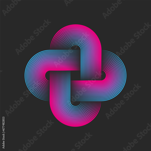 Interlacing logo of two ovals in the shape of a cross or plus symbol, linear creative design emblem print from parallel lines pink blue gradient.
